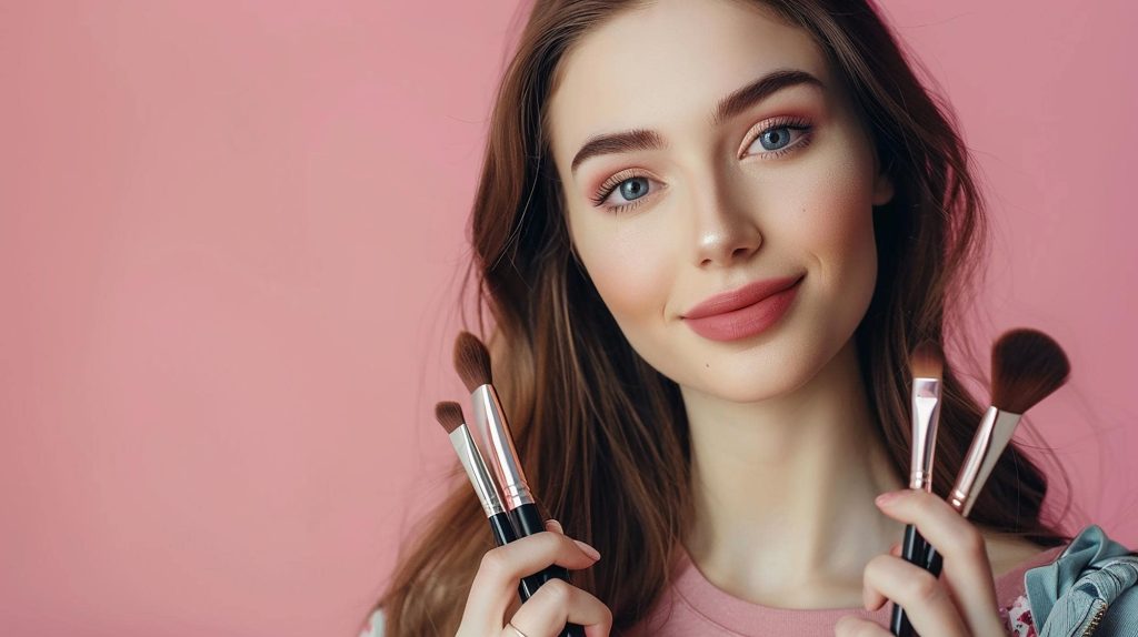 woman with pink shirt is holding brush pink lipstick 1103290 74693 min